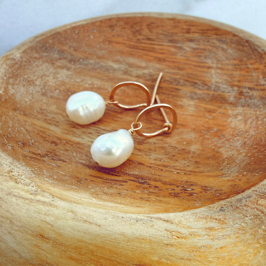 Gold Filled Hammered Ring Post Earrings with Pearl Drops