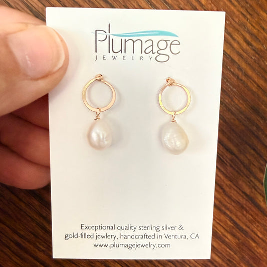 Gold Filled Hammered Ring Post Earrings with Pearl Drops