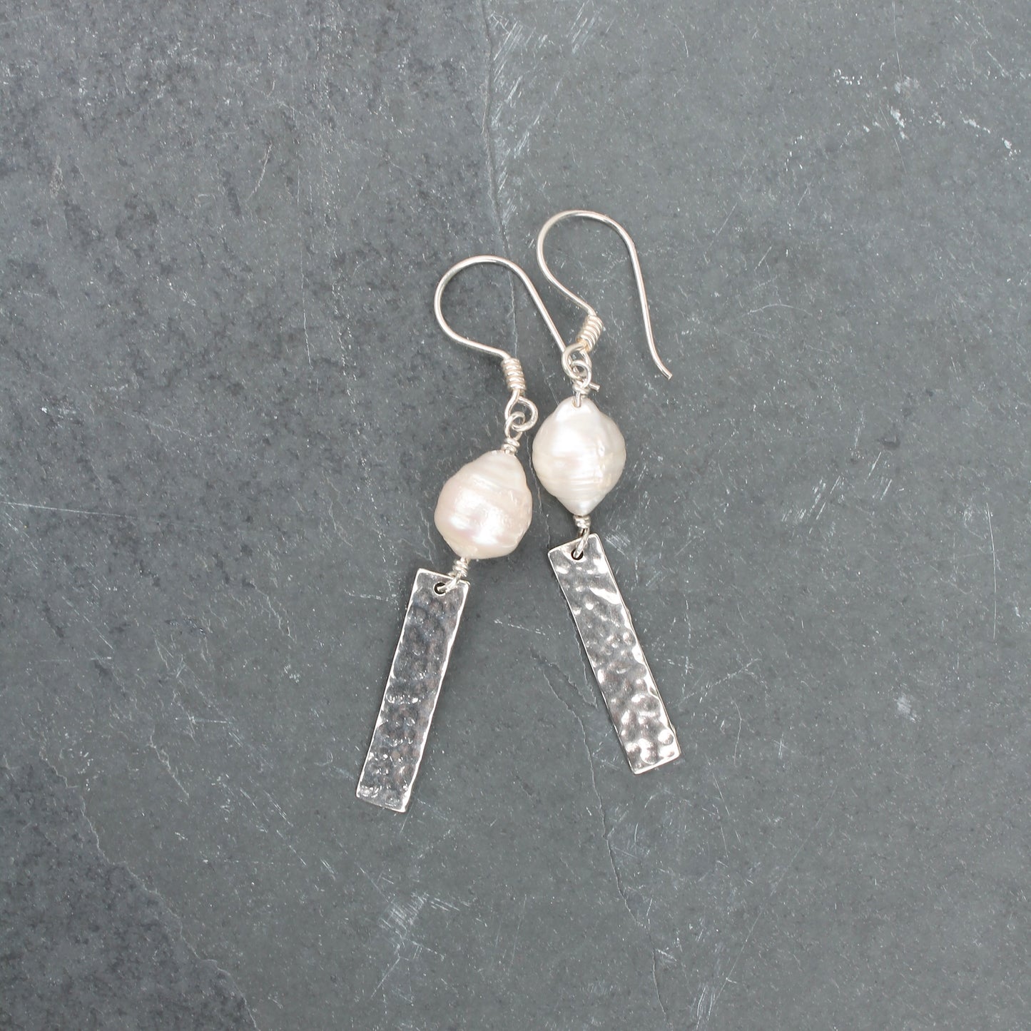 Fresh Water Pearl with Textured Silver Rectangle Dangle