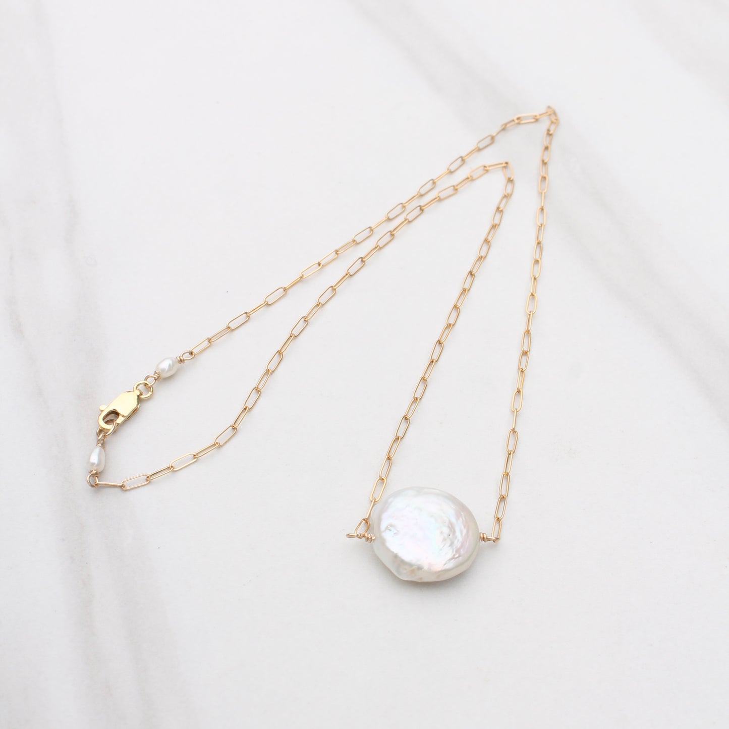 White Coin Pearl on Fine Paperclip Chain Necklace