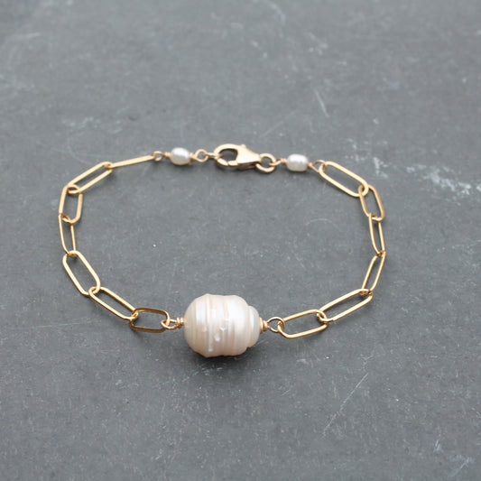Ridged Pearl Gold Filled Paperclip Chain Bracelet