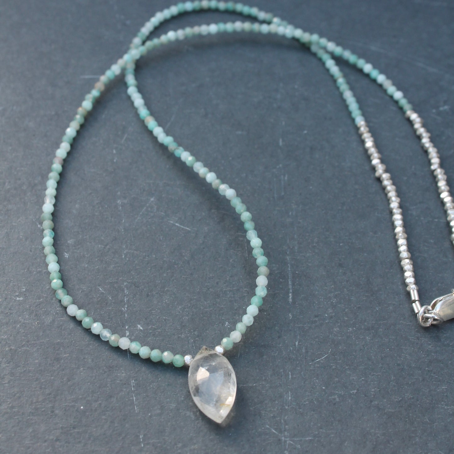 Marquise Rutile Quartz and Amazonite Gemstone Necklace