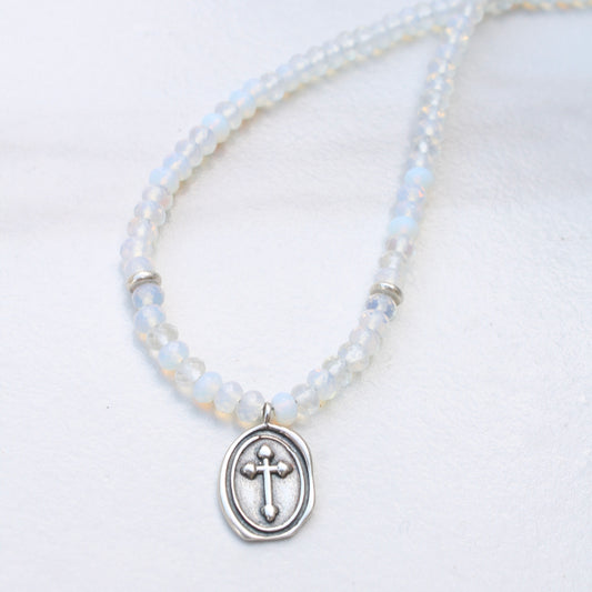 Milky White Opalite with Sterling Silver Cross
