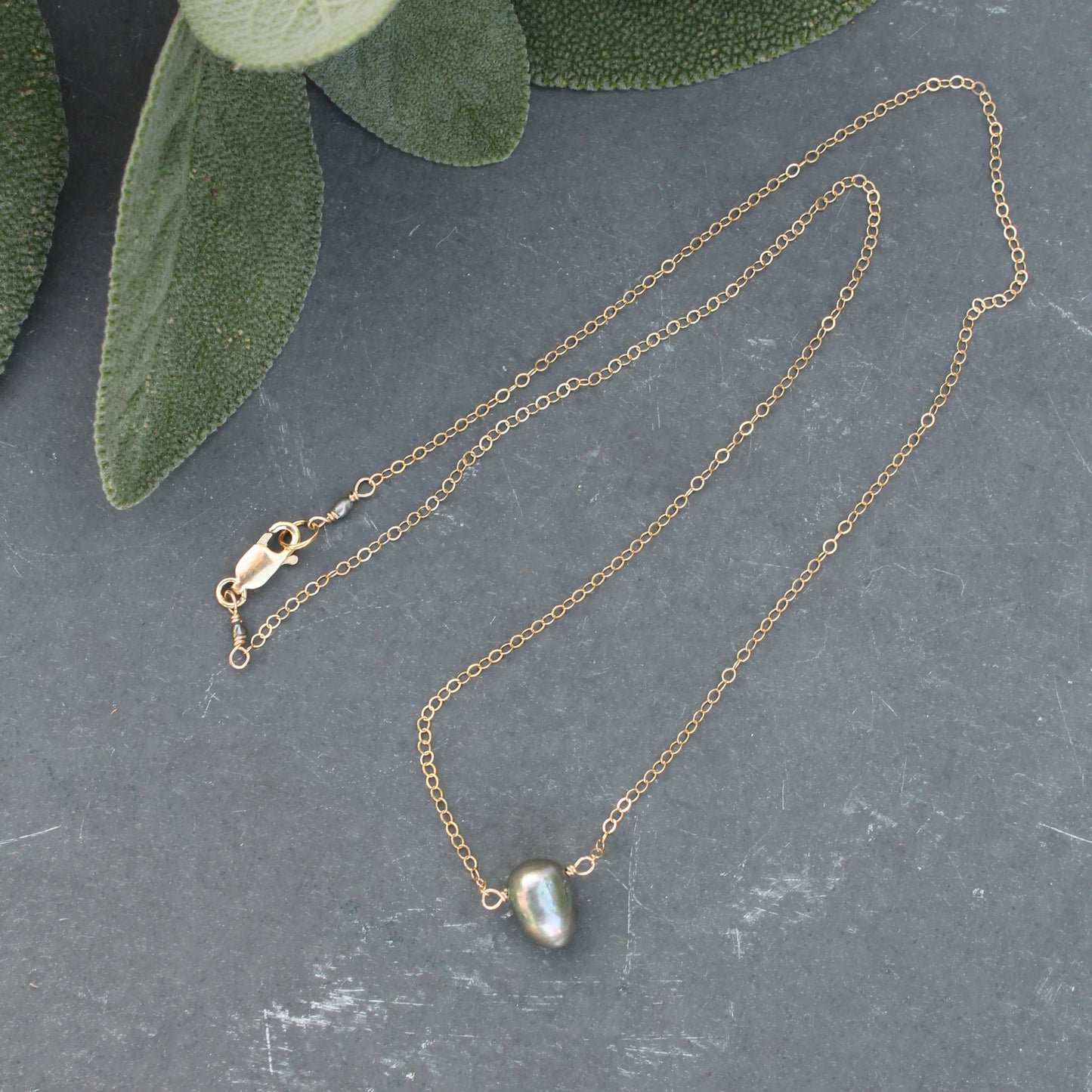 Green Fresh Water Pearl on Gold Filled Chain