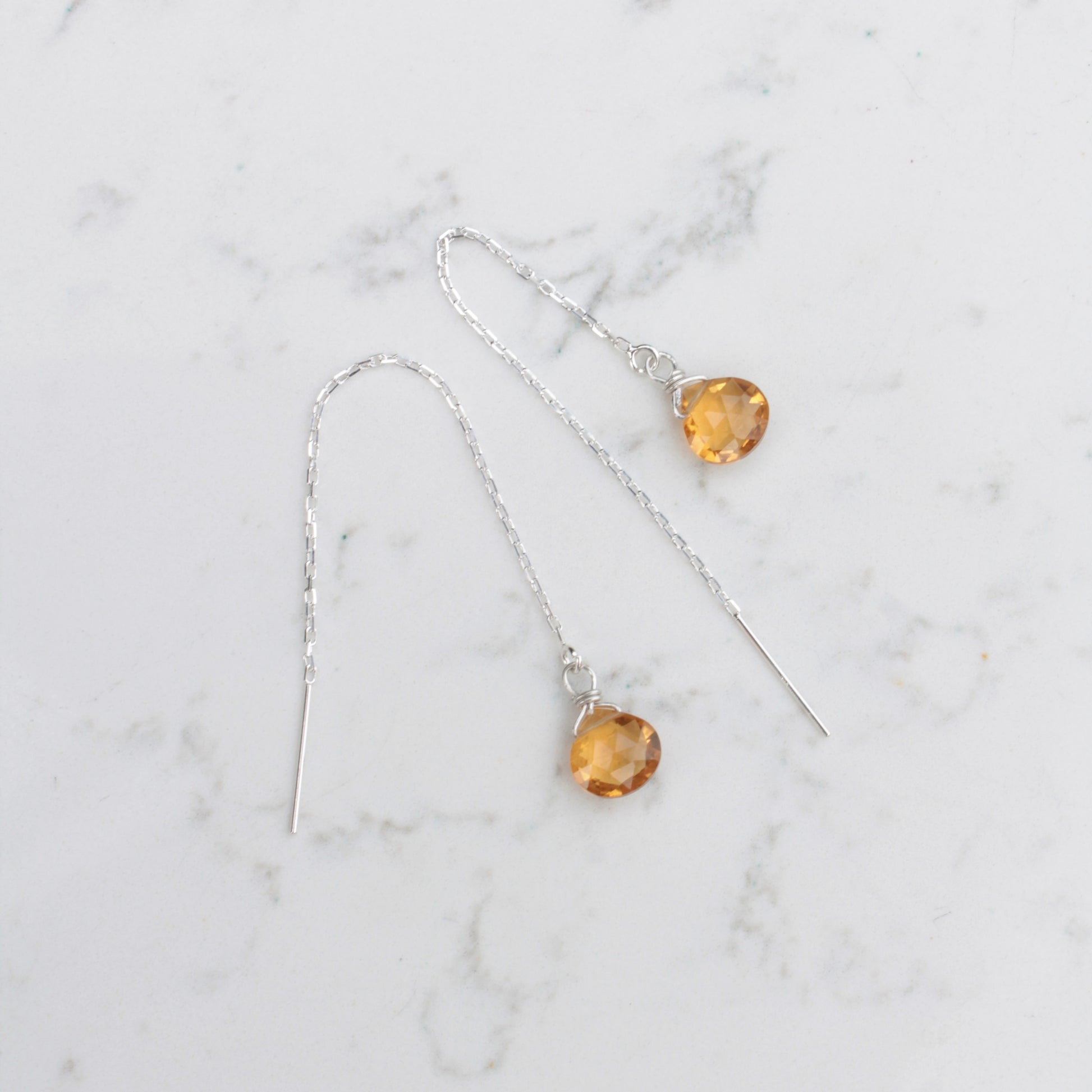 Amber Quartz Sterling Silver Chain Threader Earrings