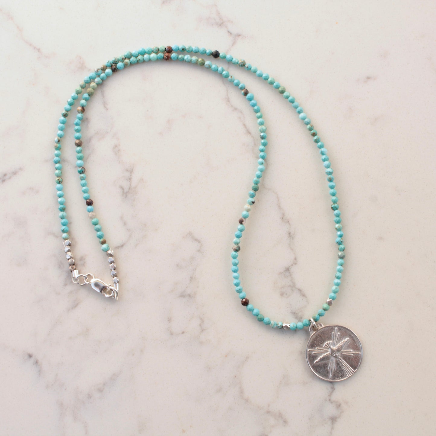 Turquoise gemstone choker necklace with silver dove pendant
