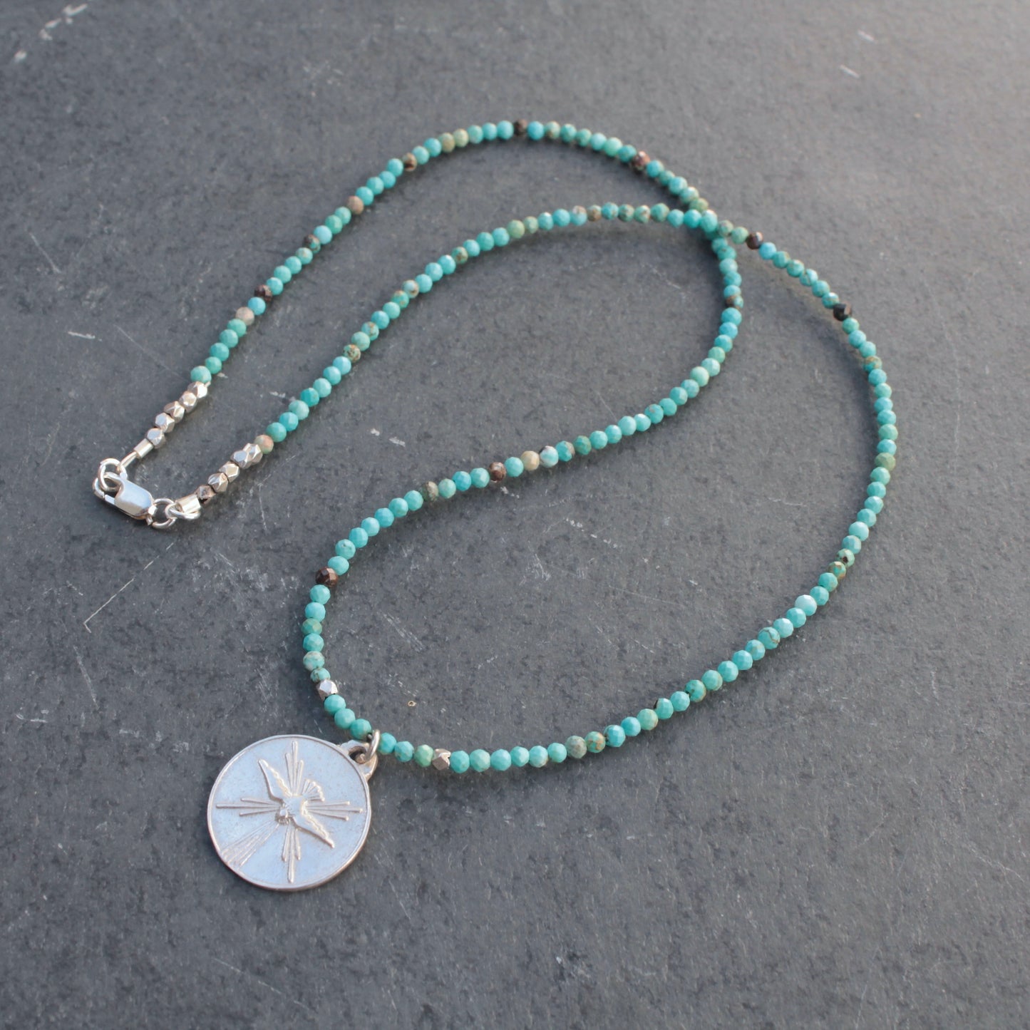 Turquoise gemstone choker necklace with silver dove pendant