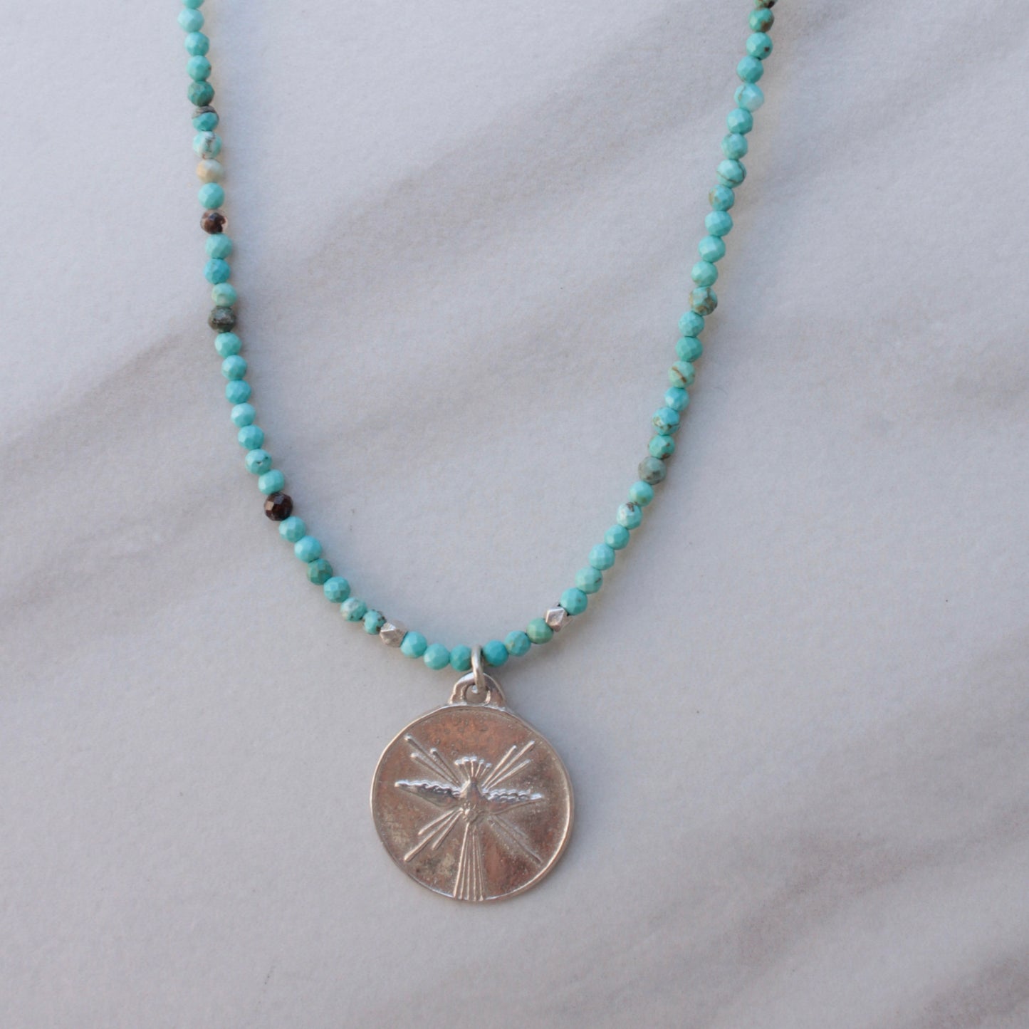 Turquoise gemstone choker necklace with silver dove pendant