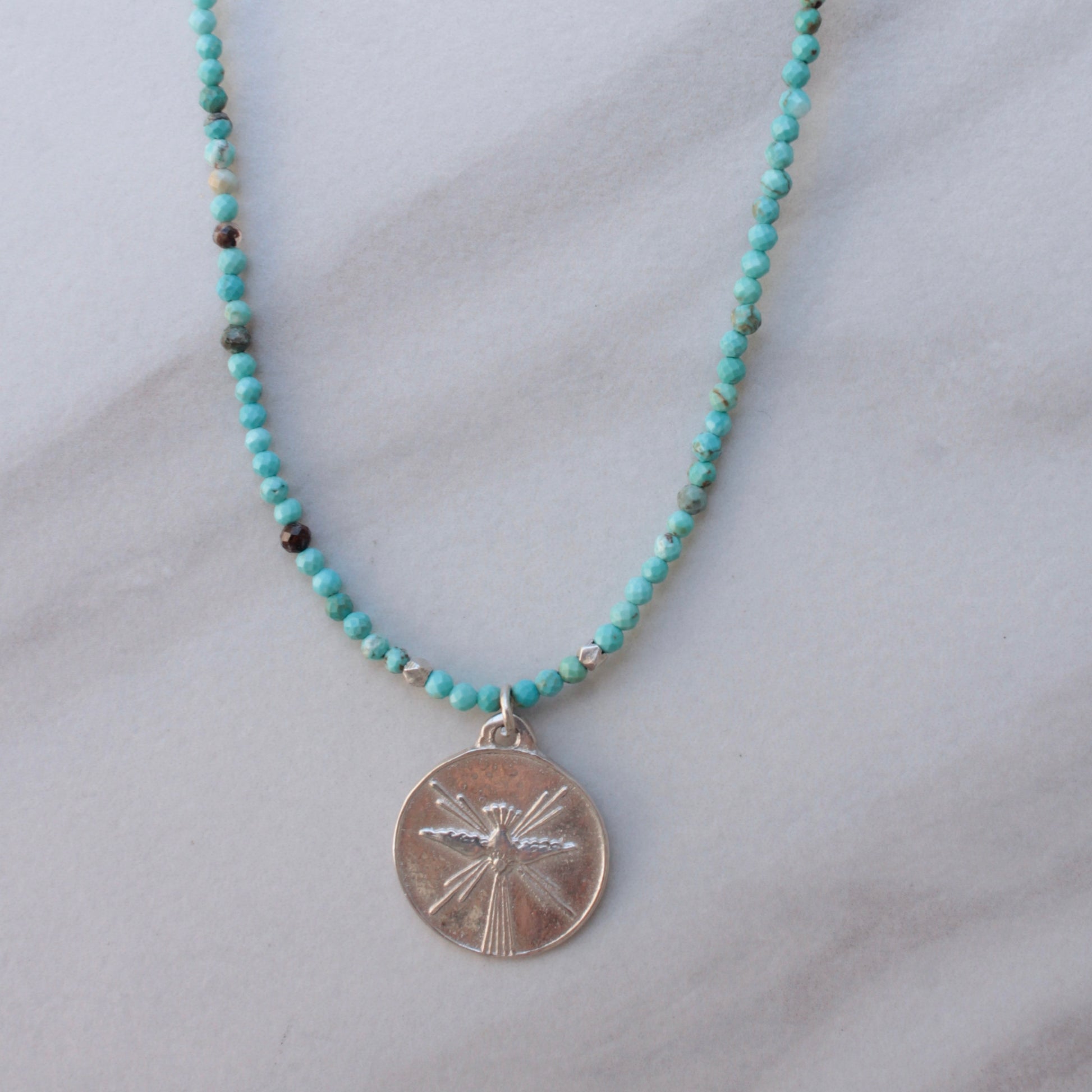 Turquoise gemstone choker necklace with silver dove pendant