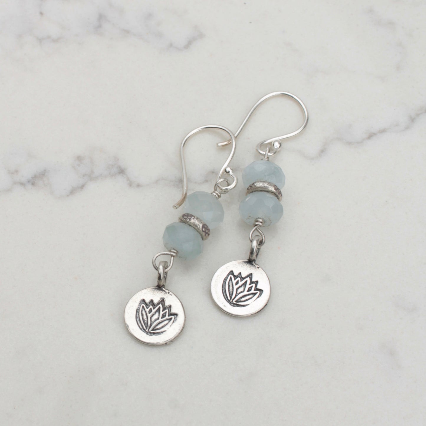 Aquamarine stack earrings with lotus flower round charm dangle