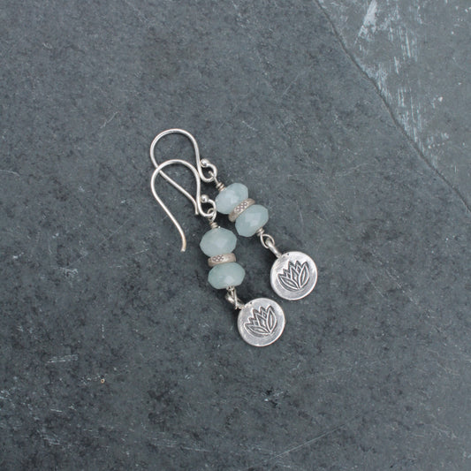Aquamarine stack earrings with lotus flower round charm dangle