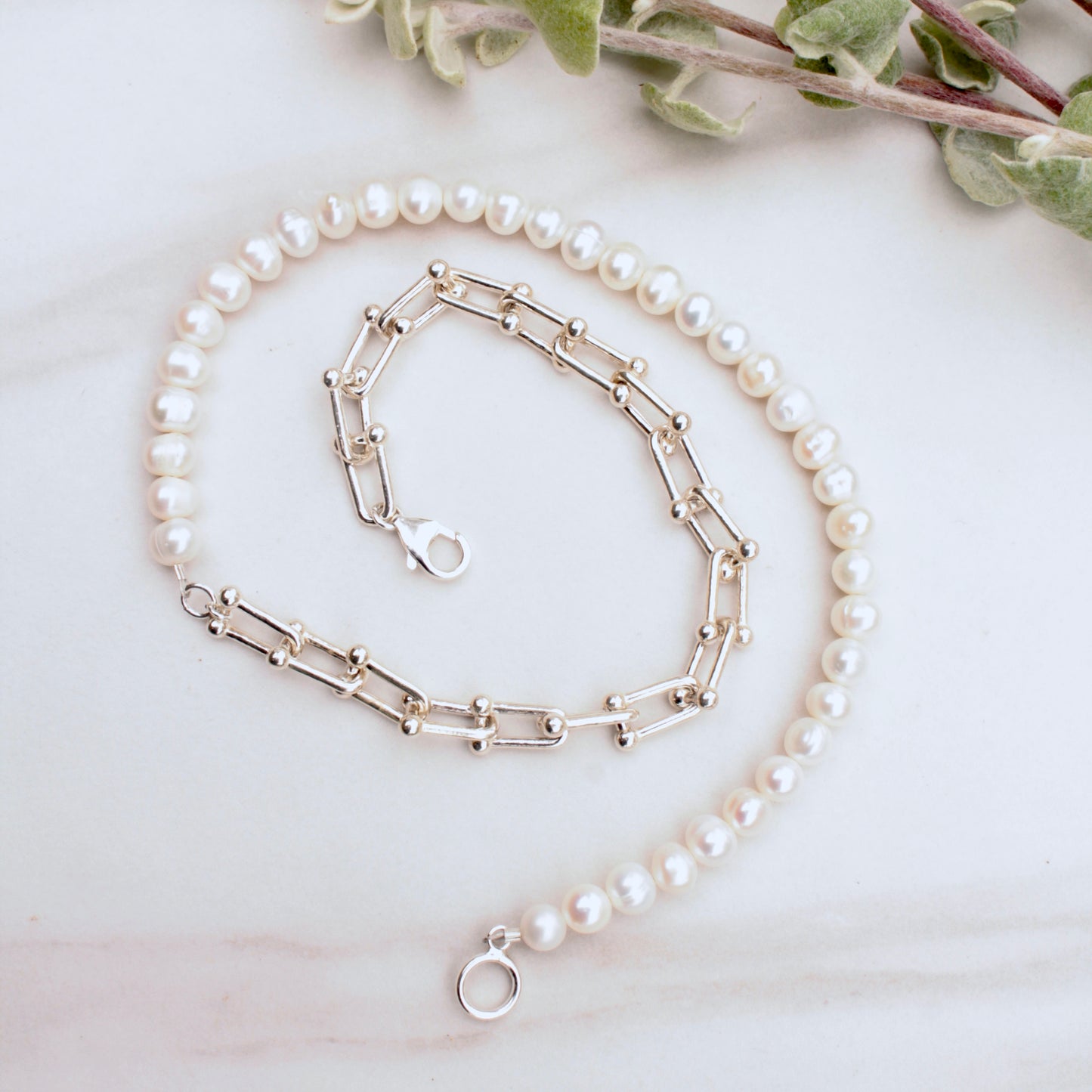 White Pearl and Silver Hardware Chain Necklace