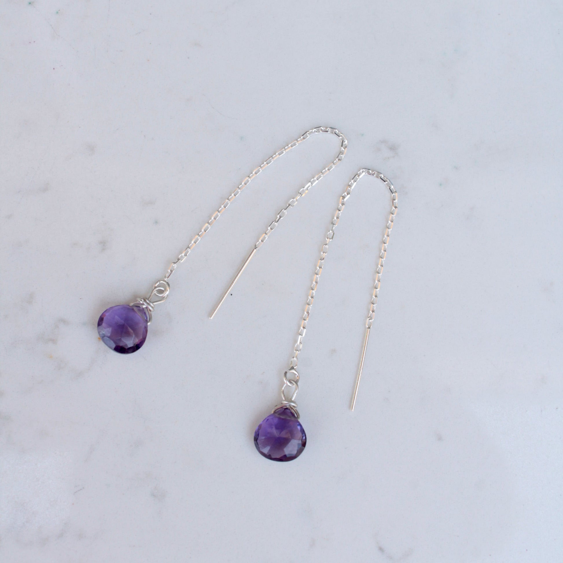 Purple Quartz Sterling Silver Chain Threader Earrings
