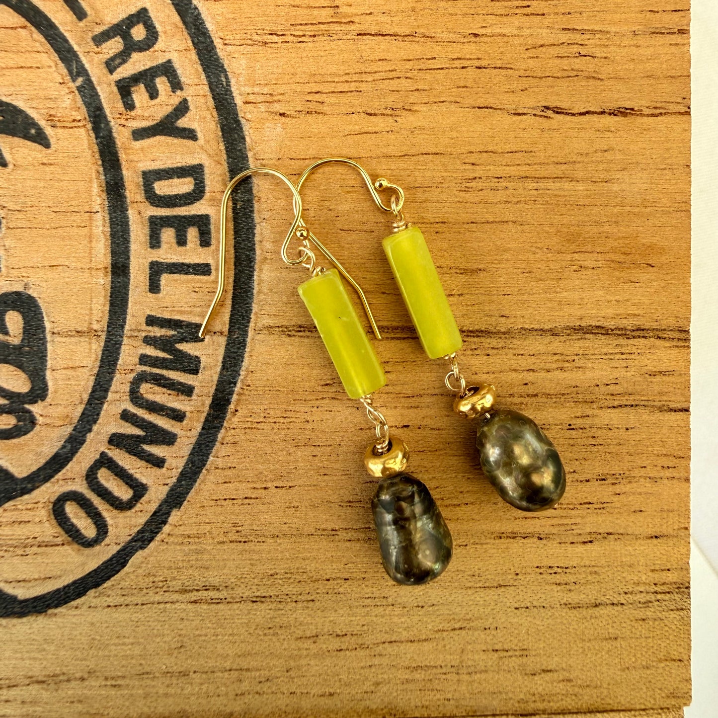 Chrysoprase and Green Fresh Water Pearl Drop Gold Filled Earrings