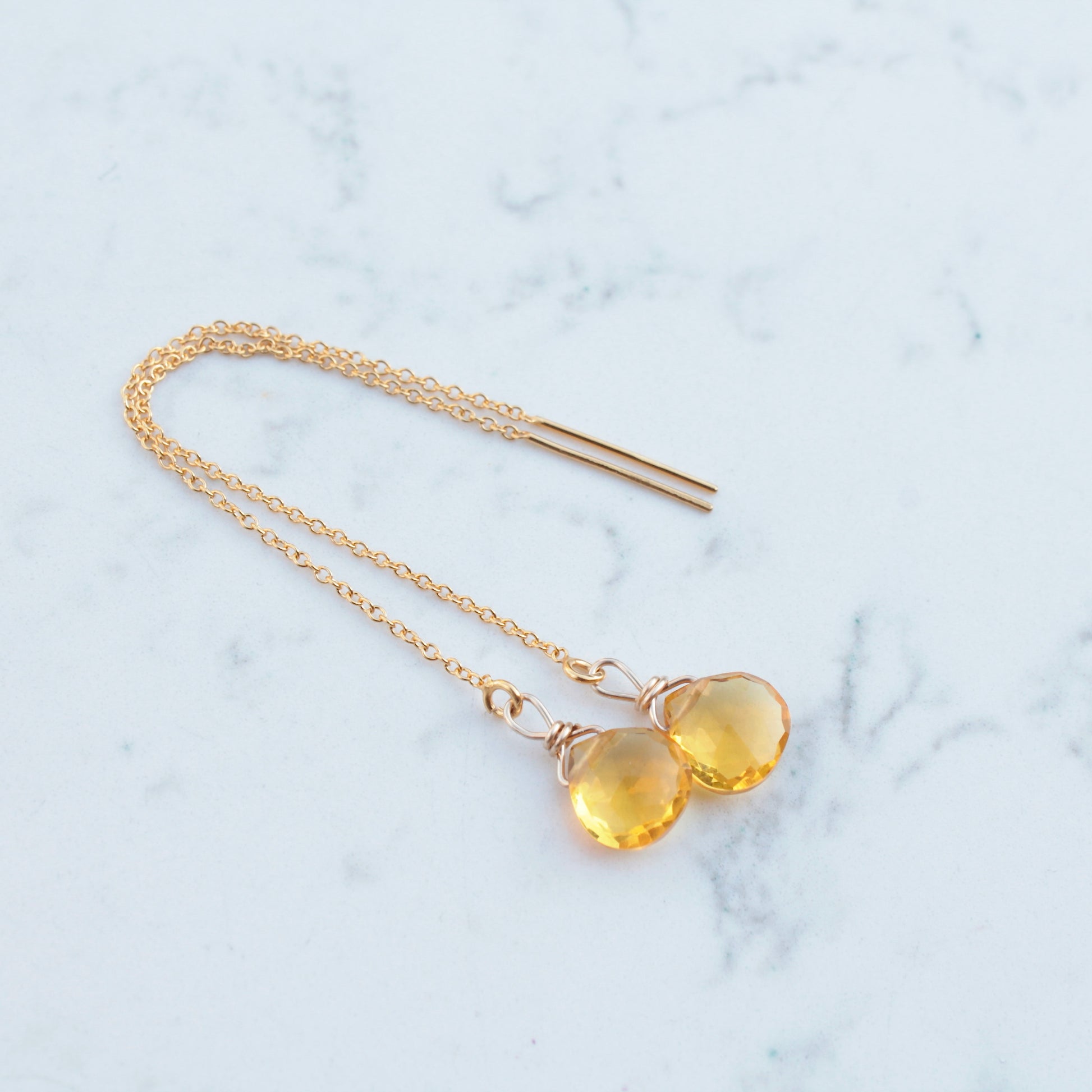 Amber Quartz Gold Filled Chain Threader Earrings