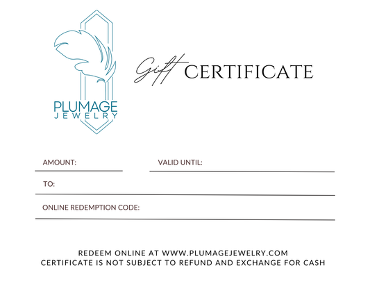 A Plumage Jewelry gift certificate template with a blue logo, black script text reading 'Gift Certificate,' fill-in lines for amount, to, valid until, and online redemption code, and redemption instructions at the bottom on a white background.