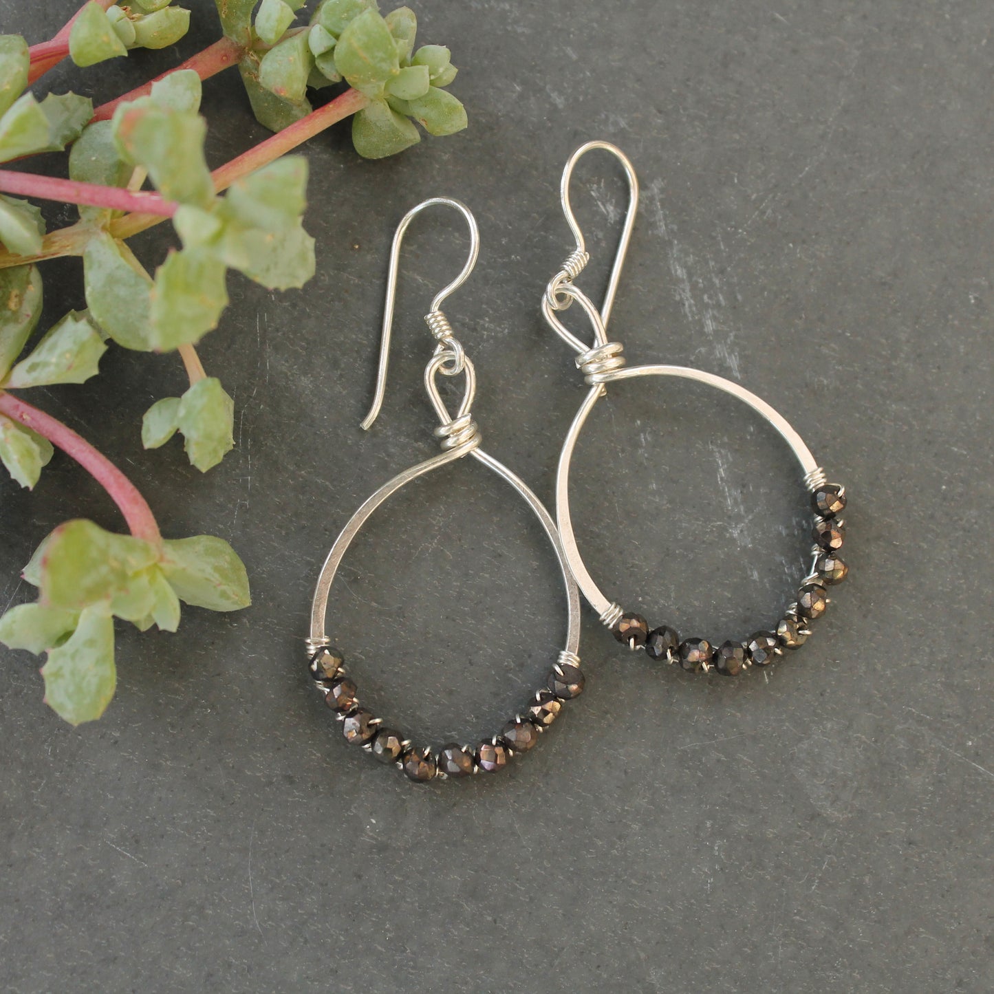 Large Hammered Silver Loops with Gemstones