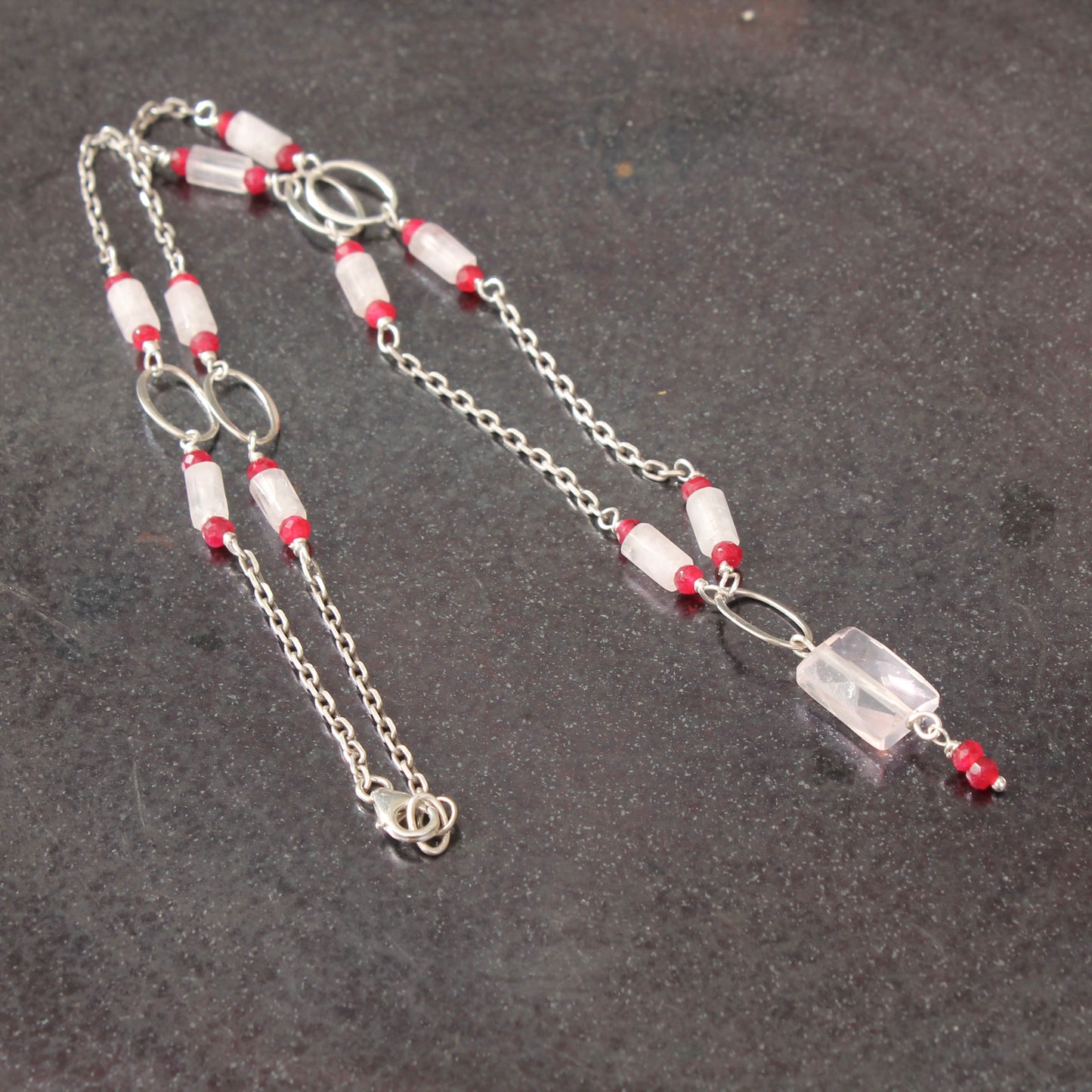 Pink Quartz and Ruby Necklace