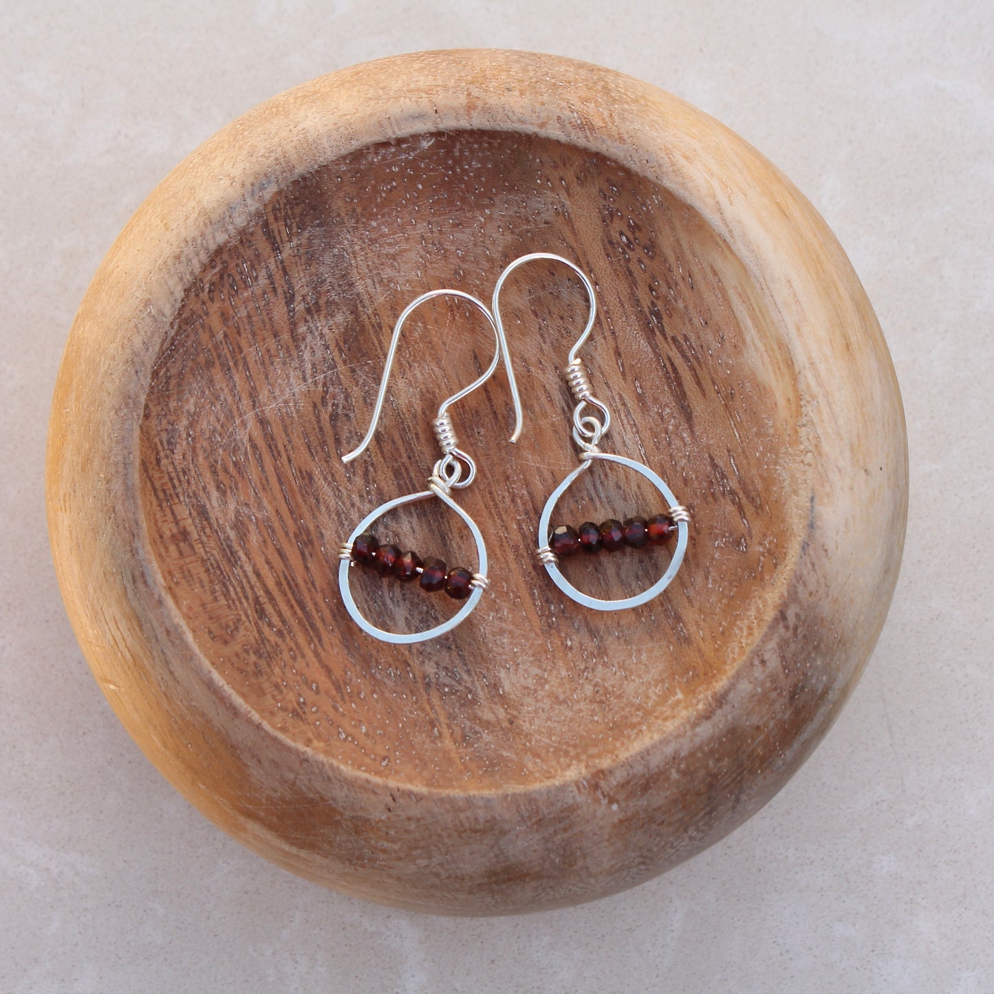 Small Hammered Silver Loops with Garnets