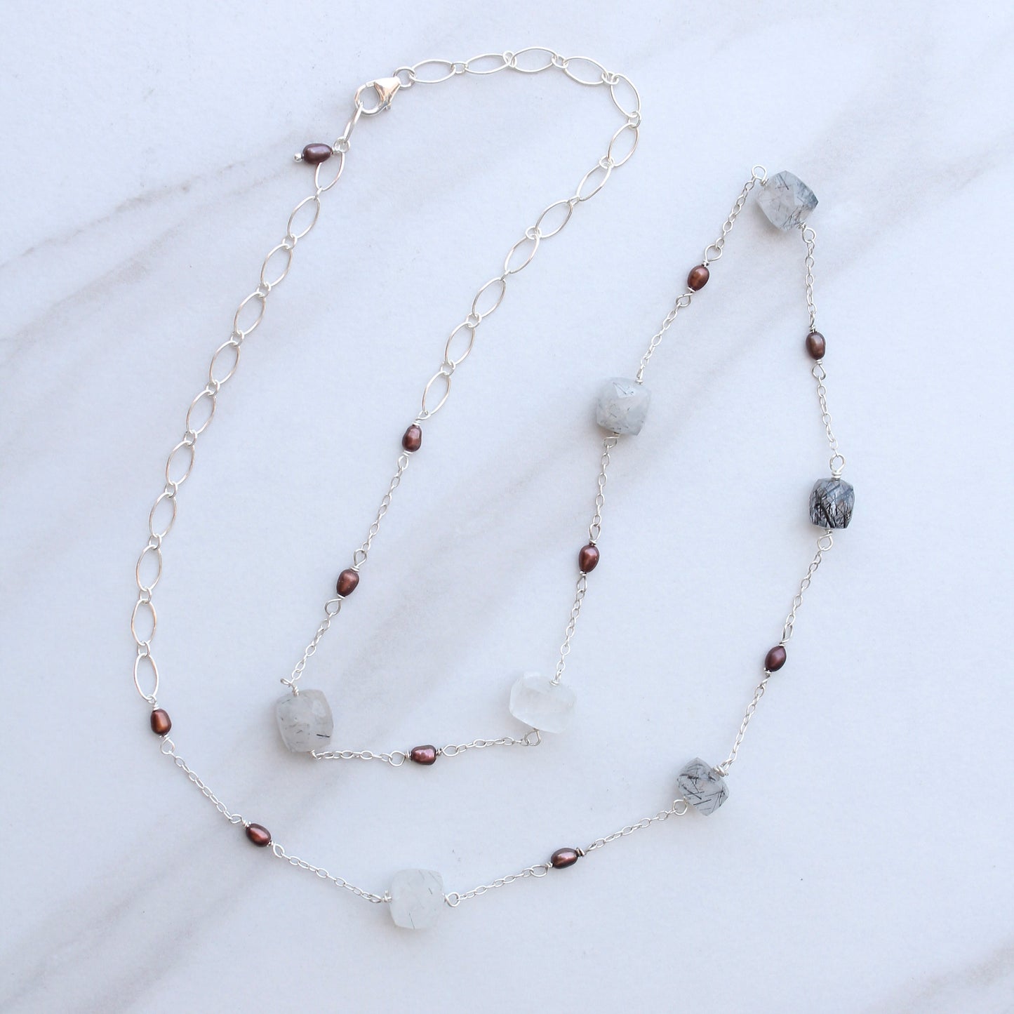 Rutile Quartz and Brown Pearl Necklace