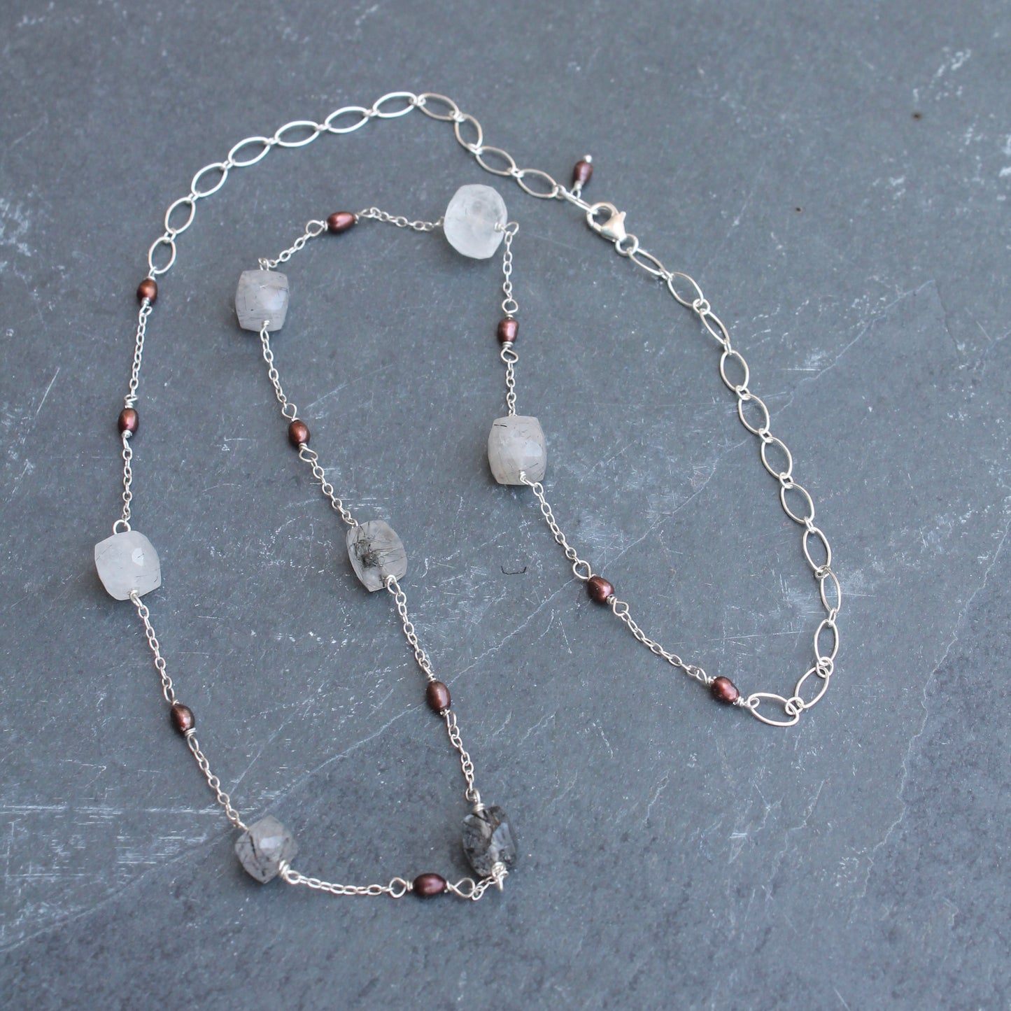 Rutile Quartz and Brown Pearl Necklace