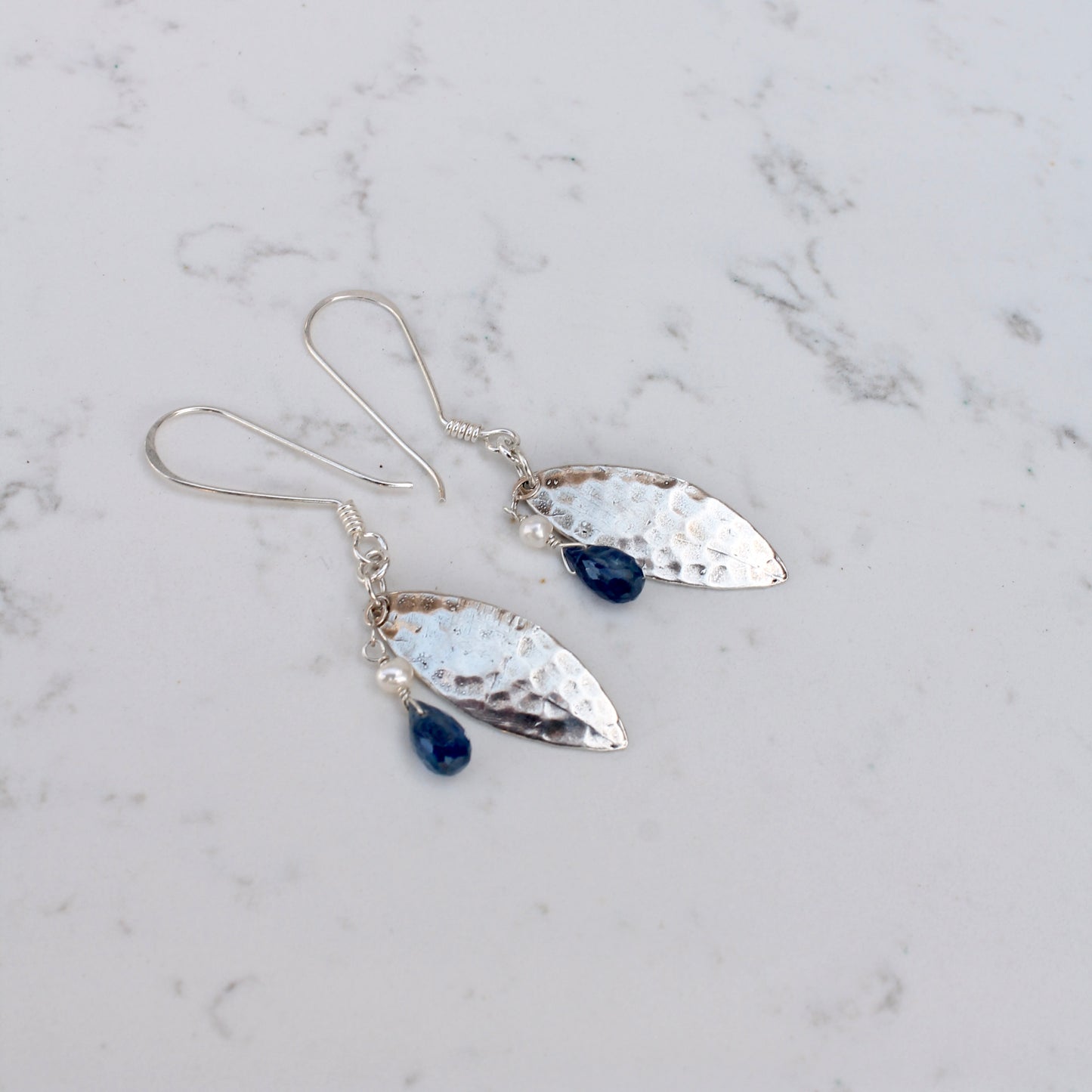 Silver Hammered Marquise with Kyanite and Pearl Dangles