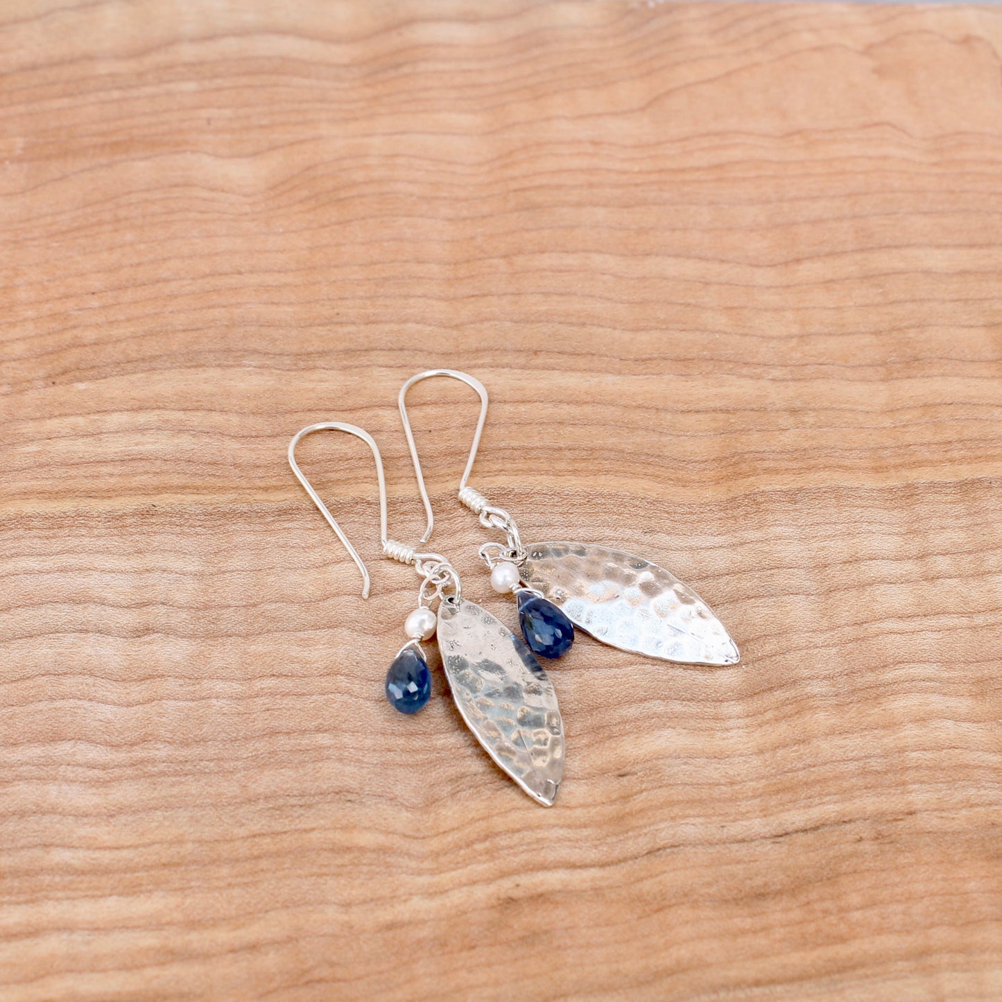 Silver Hammered Marquise with Kyanite and Pearl Dangles