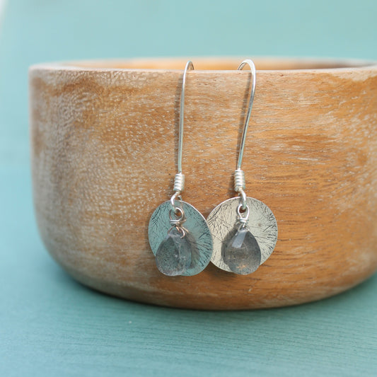 Labradorite Briolette with Brushed Silver Disk on Long Wires