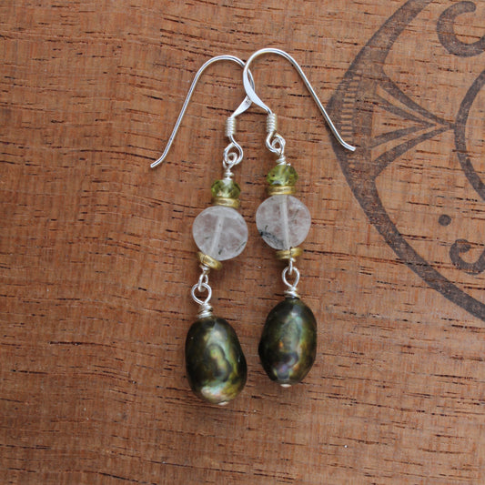 Faceted Olive Green Pearl Dangle with Brass Accents